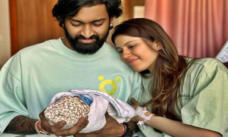 Krunal Pandya and spouse with newborn baby boy Vayu.
